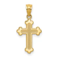 A gold cross pendant with a textured center and decorative rounded lobes at each of the four ends, suspended from a gold bail.