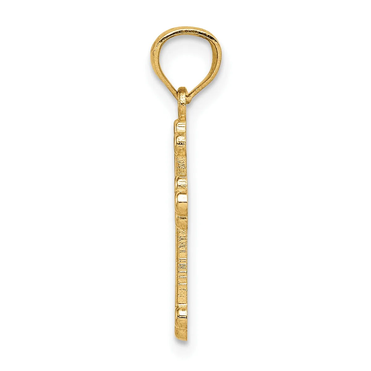 A gold pendant charm with a loop at the top and a rectangular textured body hanging from a keyring.