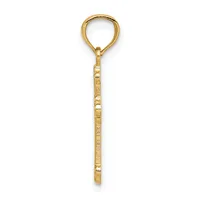 A gold pendant charm with a loop at the top and a rectangular textured body hanging from a keyring.