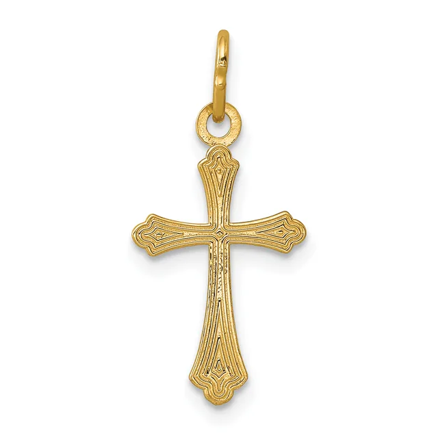 Gold cross pendant with ornate floral detailing on the arms and shaft, suspended from a small loop bail.