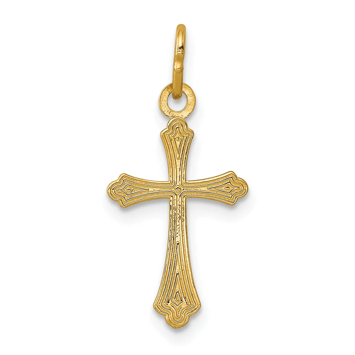 Gold cross pendant with ornate floral detailing on the arms and shaft, suspended from a small loop bail.