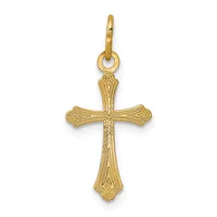 Gold cross pendant with ornate floral detailing on the arms and shaft, suspended from a small loop bail.