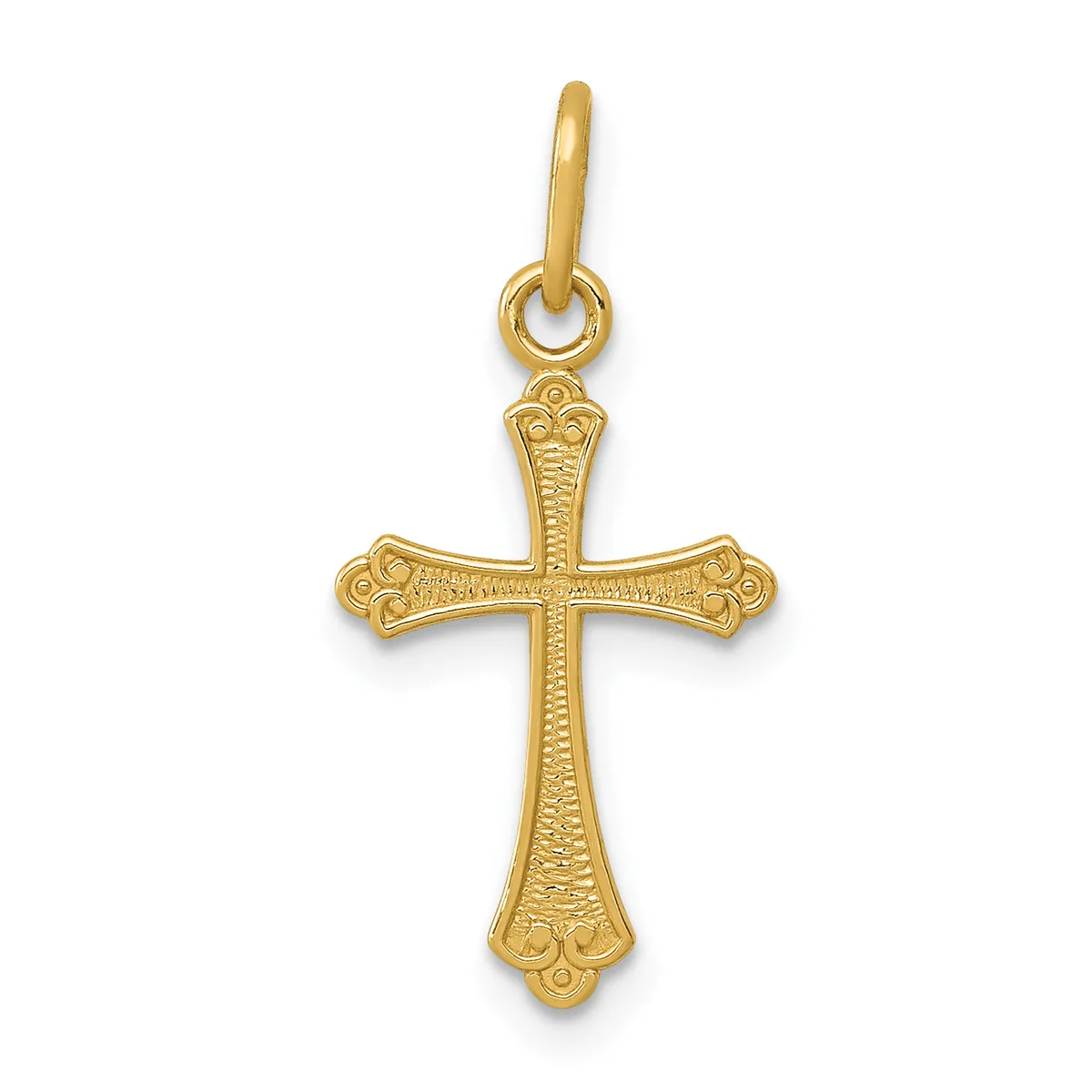Gold cross pendant with ornate floral detailing on the ends and center, suspended from a small loop bail.