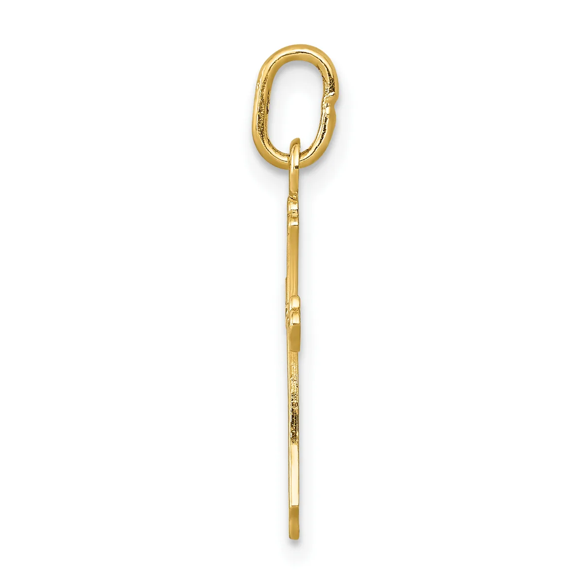 A long gold pendant with an oval loop at the top and a thin rectangular bail, displayed vertically against a white background.