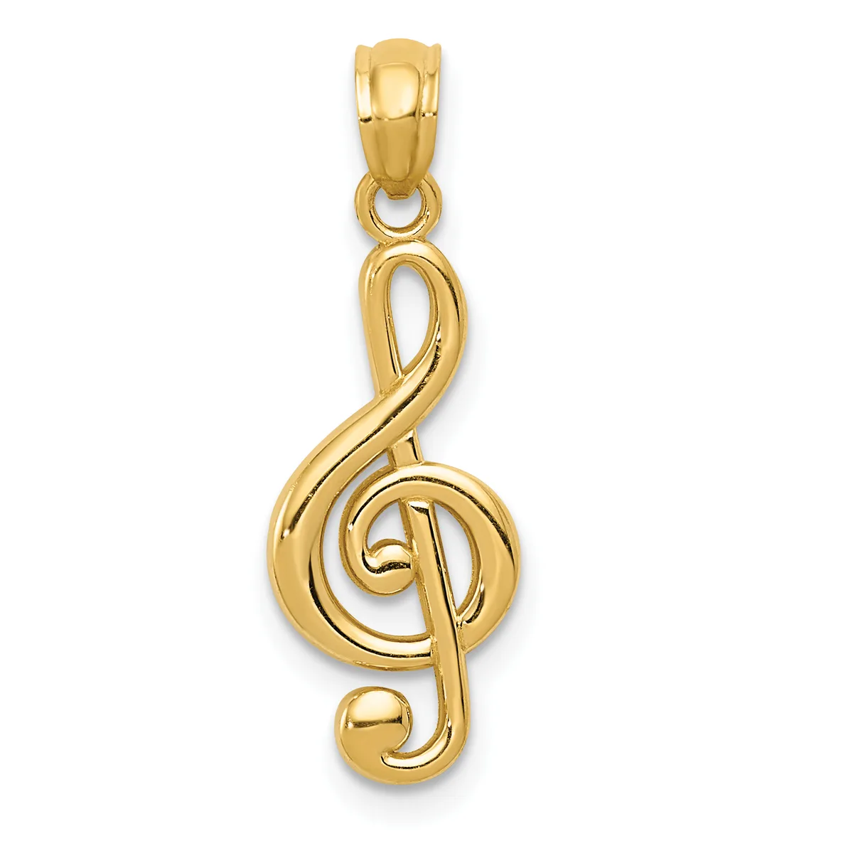 A gold treble clef pendant with a polished finish, shown hanging from a bail against a white background.