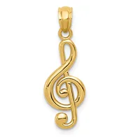 A gold treble clef pendant with a polished finish, shown hanging from a bail against a white background.