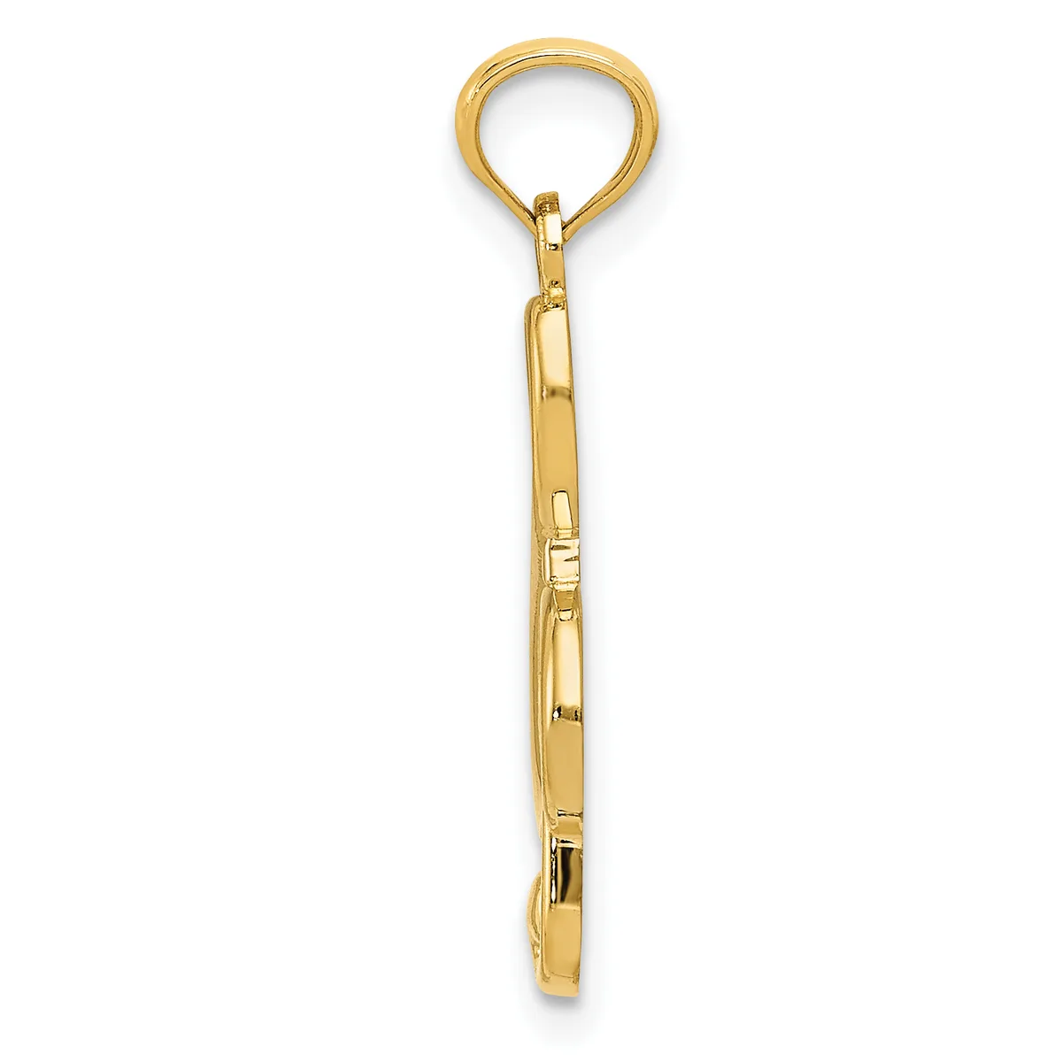 A polished gold-colored metal pendant featuring a loop at the top and a rectangular elongated body with segmented sections, shown against a white background.