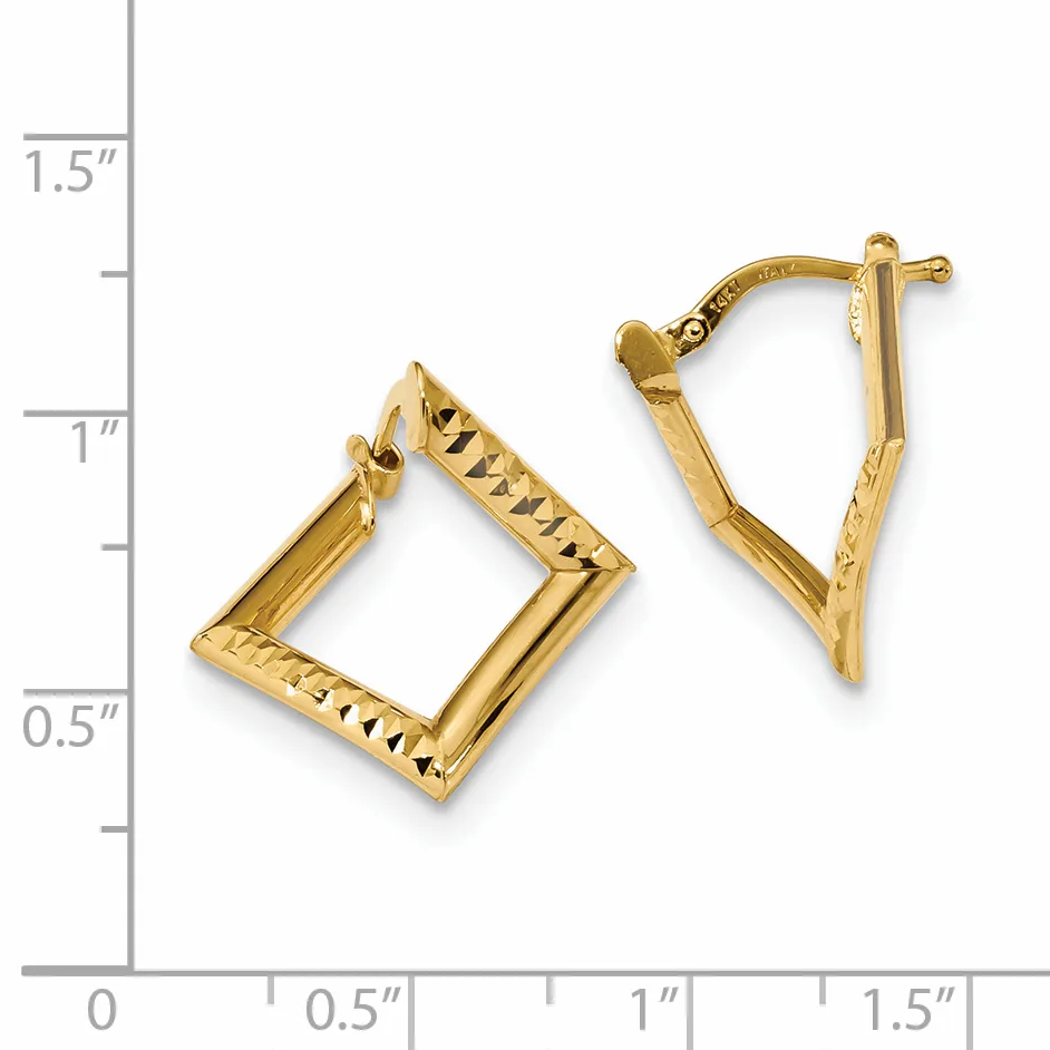 Pair of gold textured square hoop earrings with posts and backs, displayed against a measurement scale showing approximately one inch in height.
