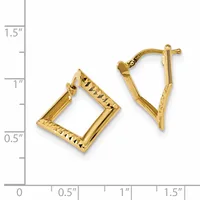 Pair of gold textured square hoop earrings with posts and backs, displayed against a measurement scale showing approximately one inch in height.