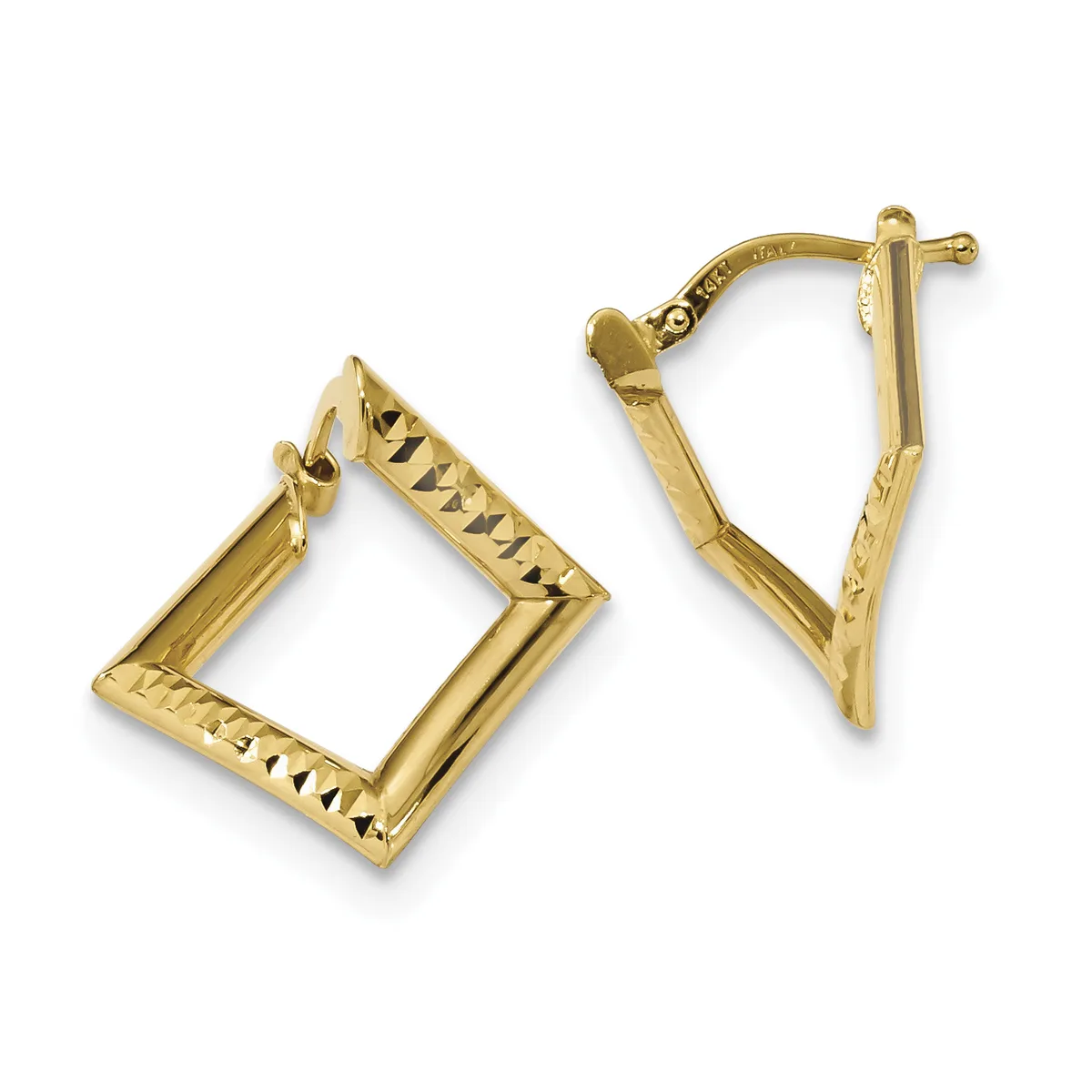 Pair of gold-toned chunky rectangular hoop earrings with diagonal diamond-cut texture on the outer edges, displayed against a white background.
