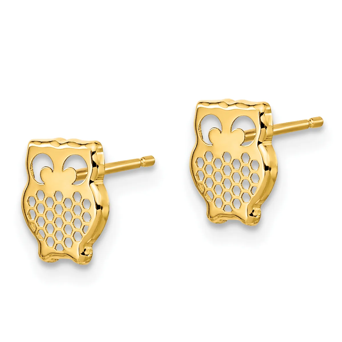 A pair of gold owl-shaped stud earrings with cutout feather and eye details, shown from the front against a white background.