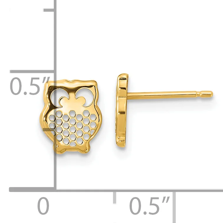 Gold owl-shaped stud earrings with cutout lattice pattern on the body, shown front and side view with measurement scale indicating approximately 0.5 inches in height.