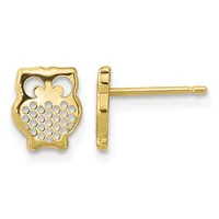Pair of gold-colored owl-shaped stud earrings with cutout details shown from front and side views.