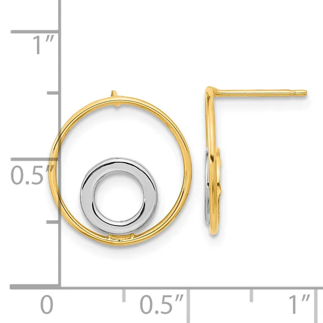 Two-tone gold circular earrings with nested rings, shown front and side view next to a measurement ruler.