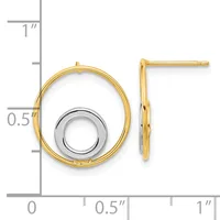 Two-tone gold circular earrings with nested rings, shown front and side view next to a measurement ruler.