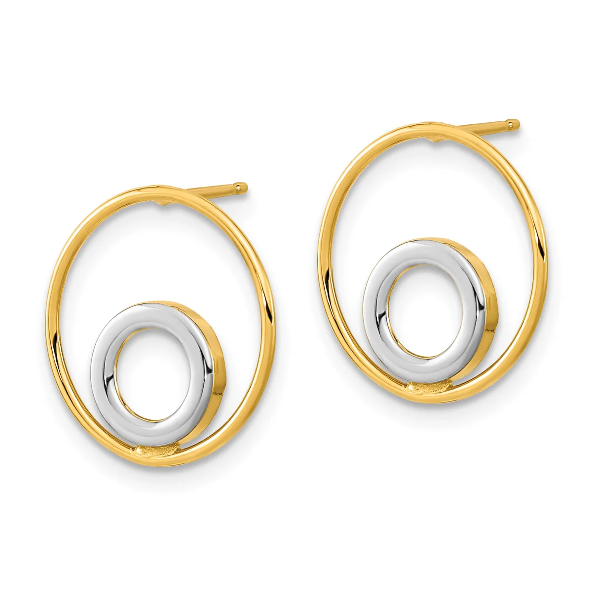 A pair of two-tone gold oval hoop earrings with nested concentric ovals, featuring a white gold inner oval inside a yellow gold outer oval, shown as a stud pair.