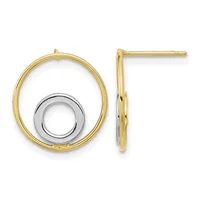 Two-tone gold earrings featuring concentric circles with a yellow gold outer ring and white gold inner circle, shown from front and side views.