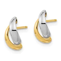 A pair of two-tone stud earrings with polished white and yellow gold curved teardrop shapes, displayed against a white background.