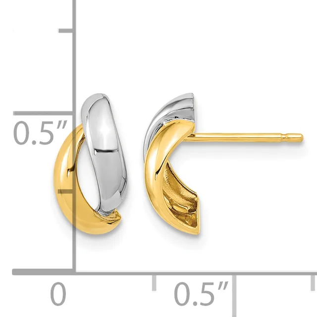 Two-tone gold and silver chunky curved hoop earrings with post backs, shown at actual size with measurement scale indicating approximately half-inch diameter.