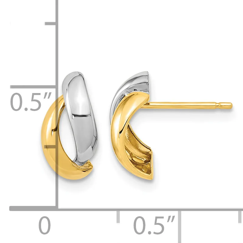 Two-tone gold and silver chunky curved hoop earrings with post backs, shown at actual size with measurement scale indicating approximately half-inch diameter.