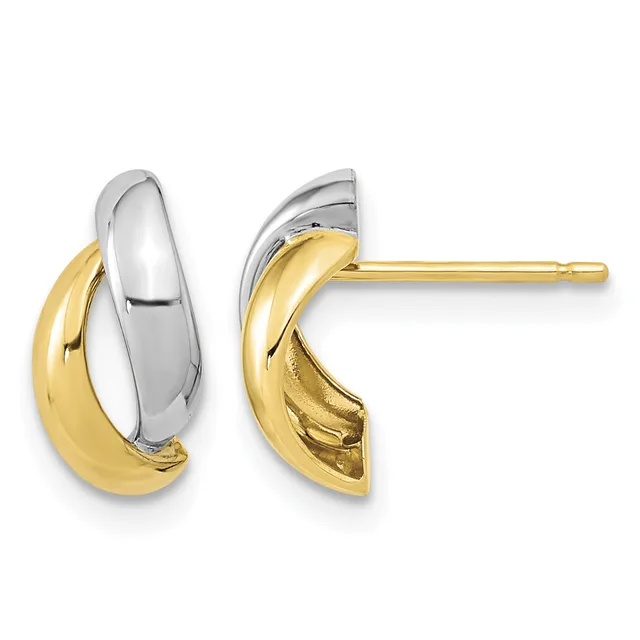 Pair of two-tone gold and silver curved hoop earrings with polished and textured finishes, shown from front and back views on posts.
