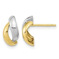 Pair of two-tone gold and silver curved hoop earrings with polished and textured finishes, shown from front and back views on posts.