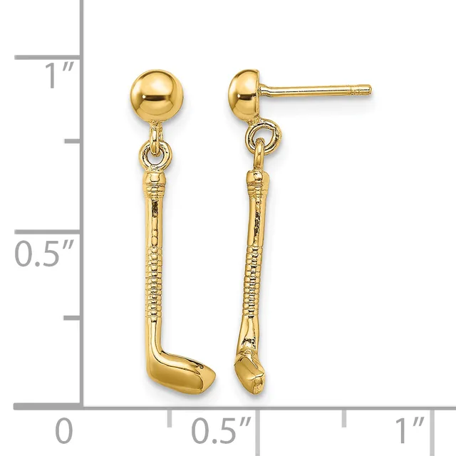 Pair of gold-colored drop earrings with small round ball studs at top and textured curved stick pendants hanging below, shown against a measurement scale.