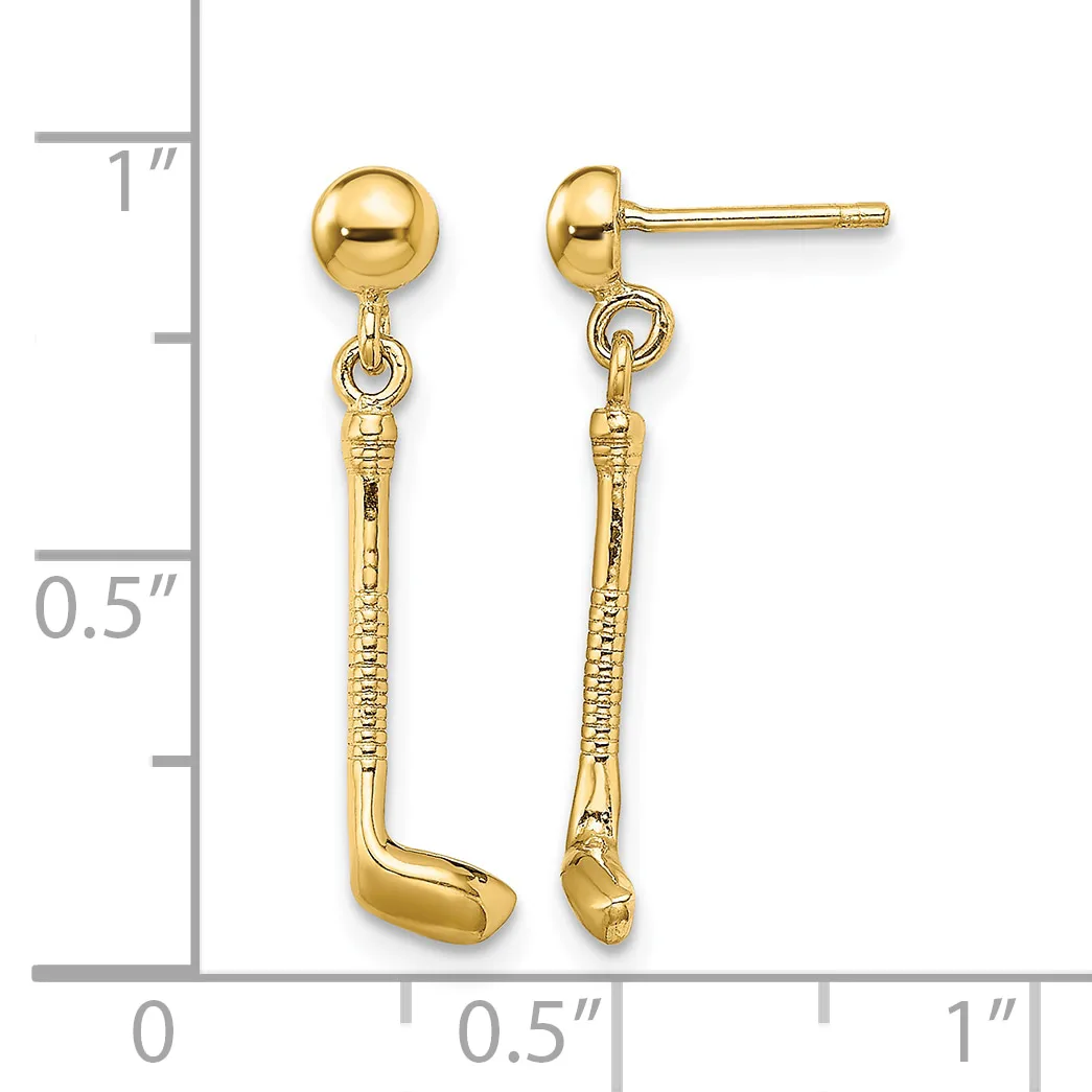Pair of gold-colored drop earrings with small round ball studs at top and textured curved stick pendants hanging below, shown against a measurement scale.