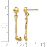Pair of gold-colored drop earrings with small round ball studs at top and textured curved stick pendants hanging below, shown against a measurement scale.