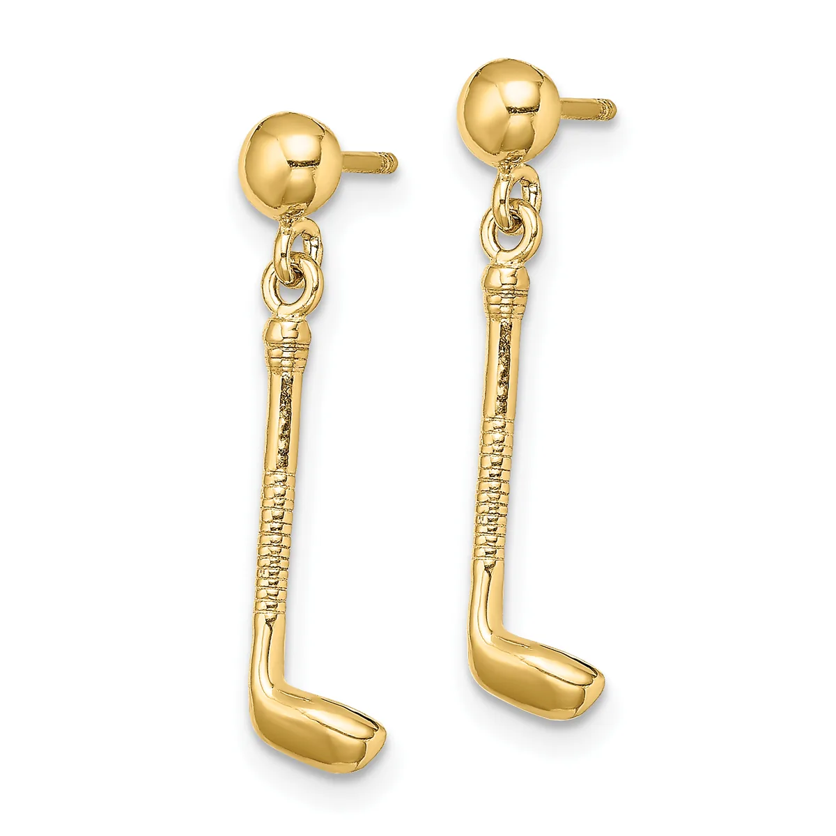 Pair of gold dangle earrings with ball studs at top, textured cylindrical shafts, and curved golf club-shaped heads at bottom.