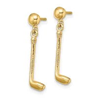 Pair of gold dangle earrings with ball studs at top, textured cylindrical shafts, and curved golf club-shaped heads at bottom.