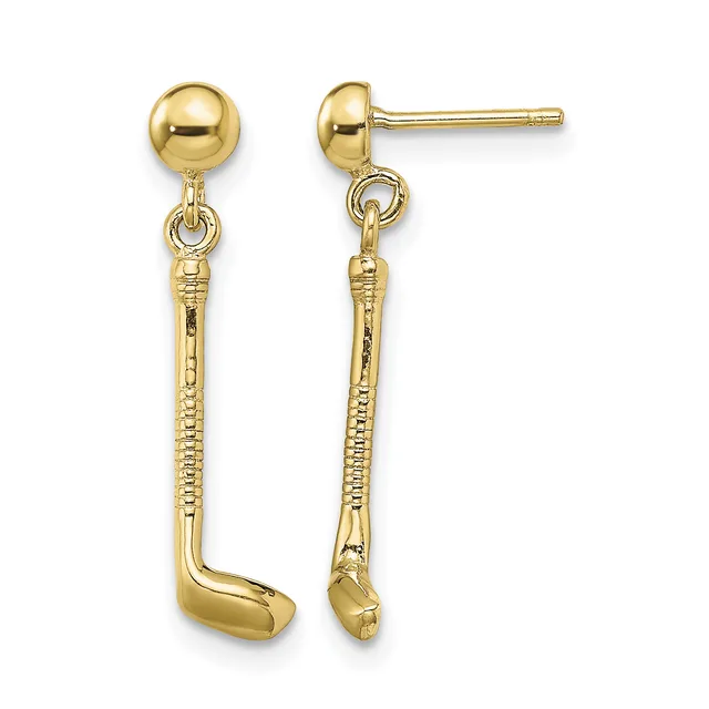 Pair of gold drop earrings with polished ball studs and textured stems terminating in curved hook-shaped ends.