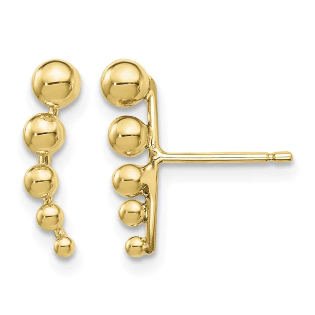 A pair of gold ball drop earrings shown from front and back views, featuring graduated spheres suspended from post and hook closures.