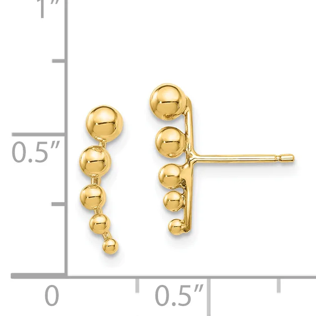 Gold ball cluster earrings with post backs shown next to a ruler indicating approximately half-inch length.