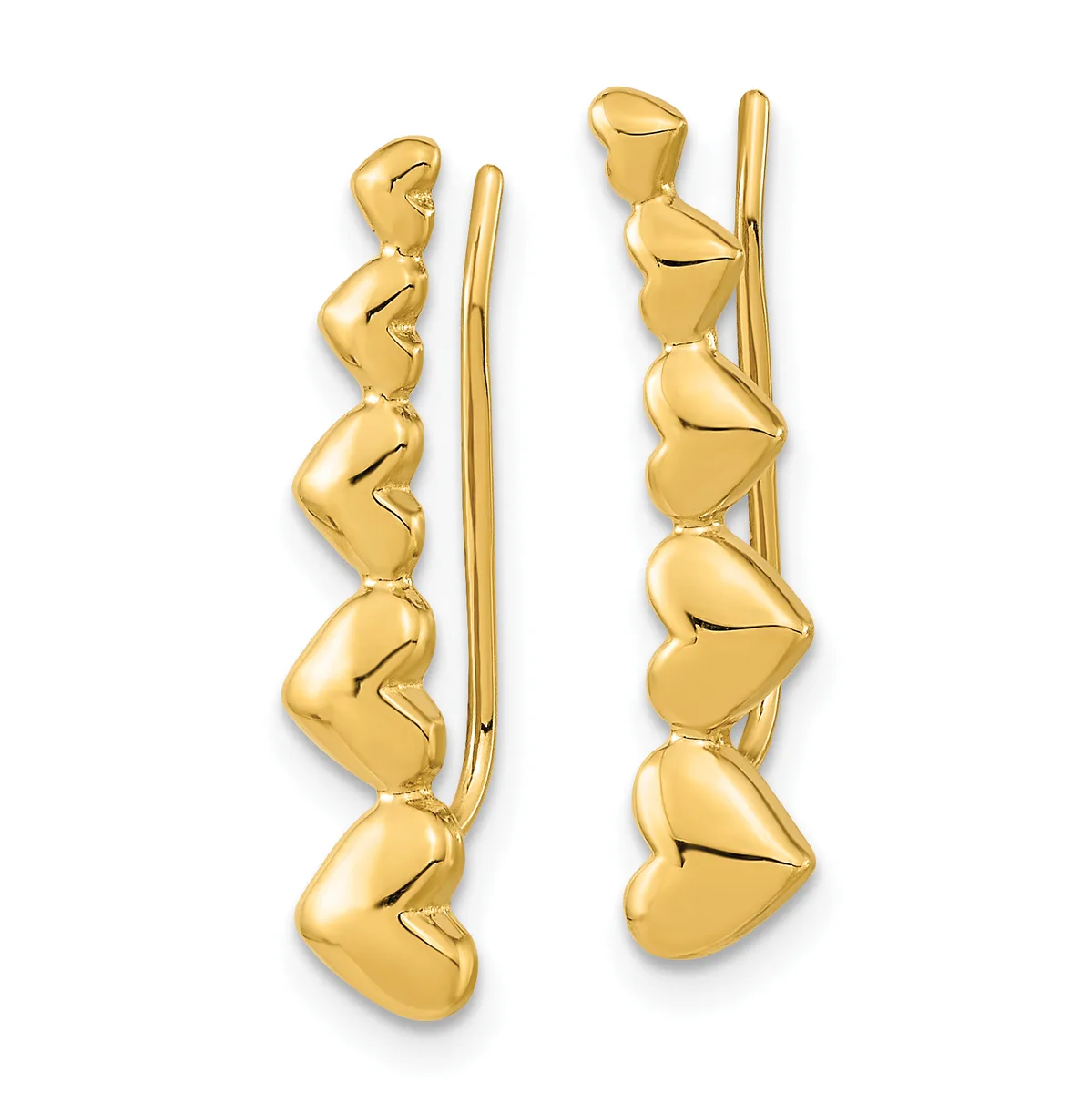 Pair of gold heart-shaped crawler earrings with polished finish, shown from front view against white background.