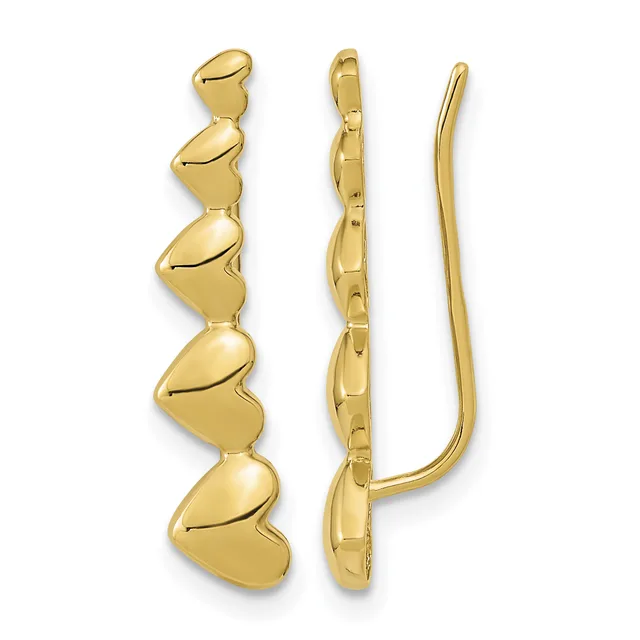 Pair of gold-colored ear climber earrings with stacked heart-shaped segments shown from front and side views.