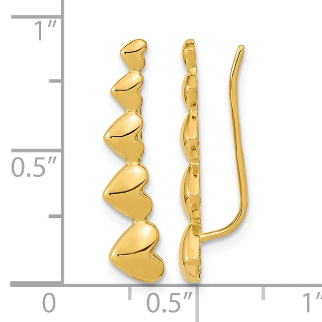 Gold-colored earrings with stacked heart shapes shown next to a ruler indicating approximately one inch in length.