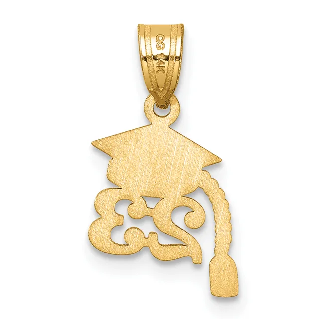 A gold pendant featuring a graduation cap silhouette above ornate scrollwork, with a small stamped hallmark visible on the bail.