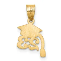 A gold pendant featuring a graduation cap silhouette above ornate scrollwork, with a small stamped hallmark visible on the bail.