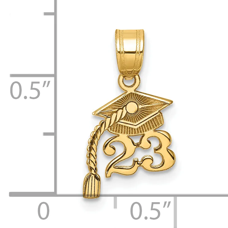 Gold graduation cap pendant with the number 23 and a tassel, shown next to a ruler indicating approximately 0.5 inches in height.