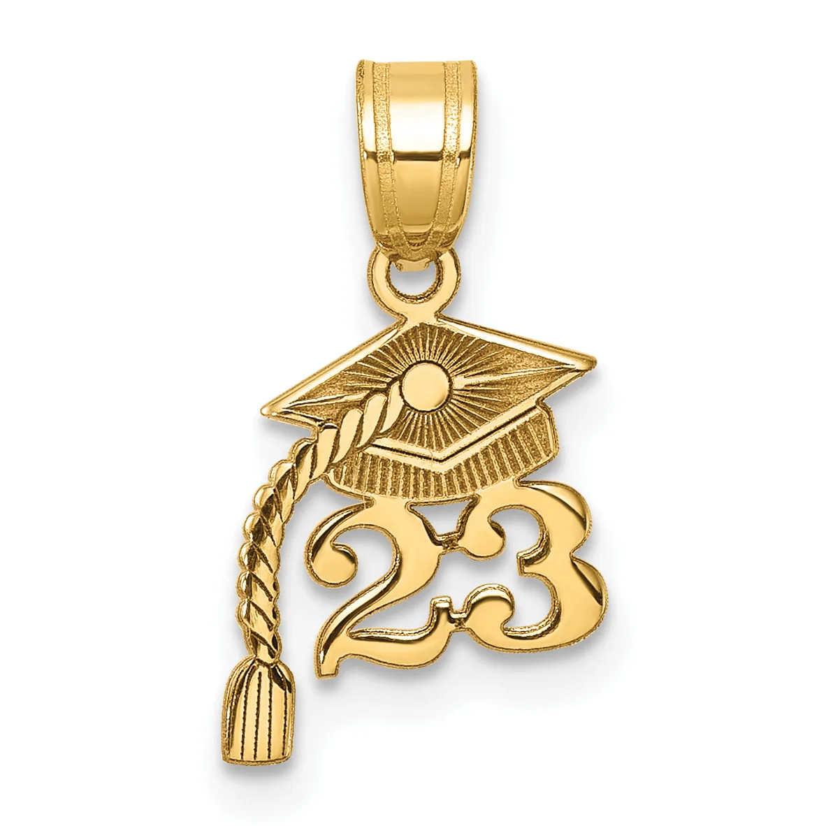 Gold graduation cap pendant with tassel and the year 2023 in scrolled numerals, suspended from a gold bail.