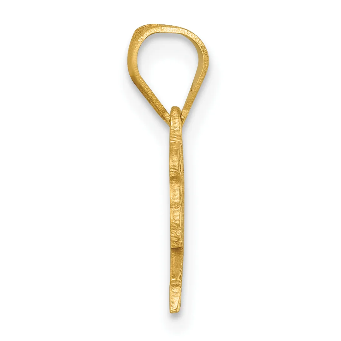 A gold teardrop-shaped pendant with a textured surface and a long stem, shown against a white background.