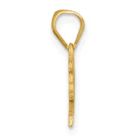 A gold teardrop-shaped pendant with a textured surface and a long stem, shown against a white background.