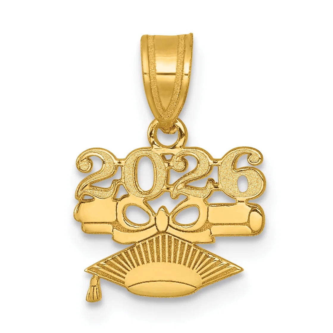 Gold pendant featuring the year 2026 with a decorative bow above a graduation cap with a tassel.