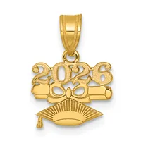 Gold pendant featuring the year 2026 with a decorative bow above a graduation cap with a tassel.