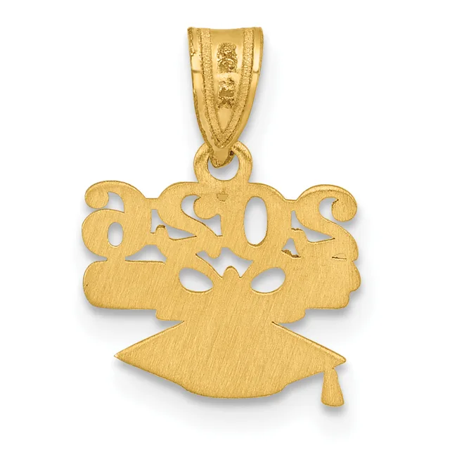 Gold pendant featuring a graduation cap with "Class of 2023" cutout lettering and a tassel, shown with a small stamped hallmark on the bail.