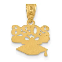 Gold pendant featuring a graduation cap with "Class of 2023" cutout lettering and a tassel, shown with a small stamped hallmark on the bail.
