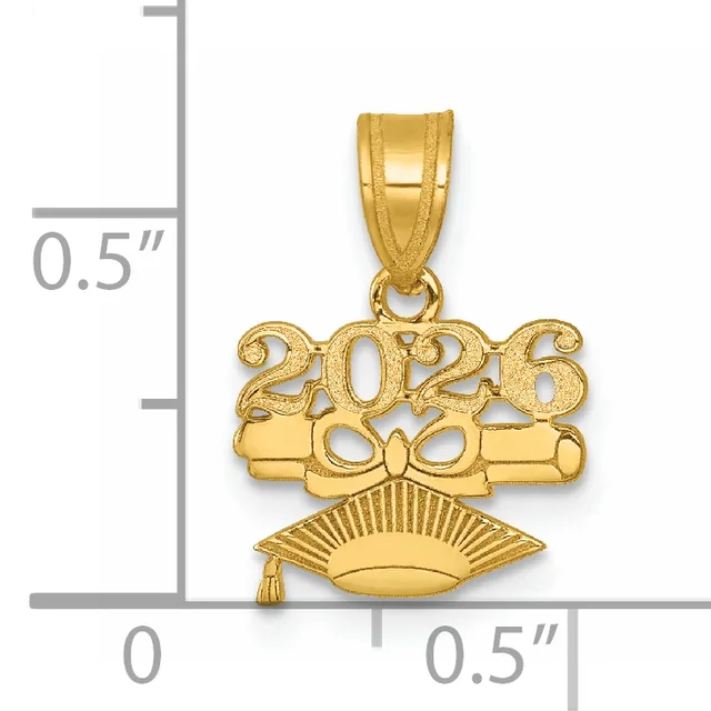 Gold pendant featuring "2026" with a decorative ribbon bow above a fan-shaped mortarboard, shown with measurement scale indicating approximately 0.5 inches in height.