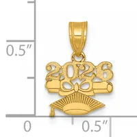 Gold pendant featuring "2026" with a decorative ribbon bow above a fan-shaped mortarboard, shown with measurement scale indicating approximately 0.5 inches in height.