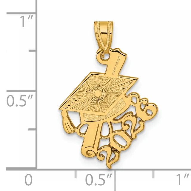 Gold-toned graduation cap pendant with decorative scrollwork base, shown next to a ruler measuring approximately one inch tall.